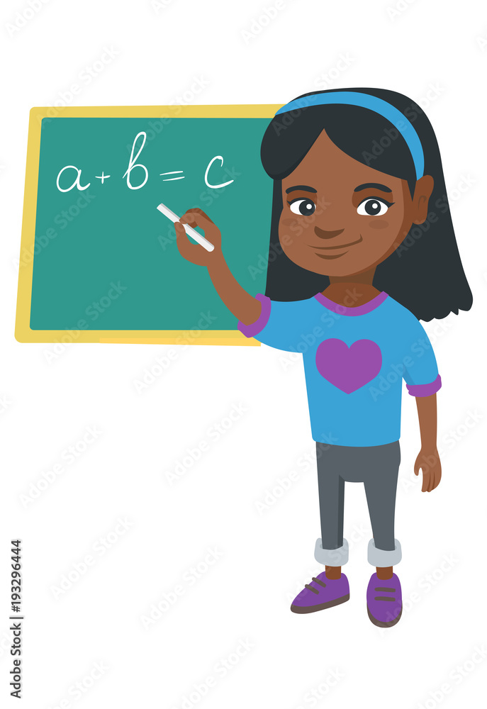 Canvas Prints Happy african schoolgirl writing mathematical formula on the classroom blackboard. Smiling schoolgirl writing on blackboard with chalk. Vector sketch cartoon illustration isolated on white background.