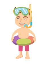 Joyful caucasian boy wearing inflatable rubber ring and diving mask with snorkel. Kid with swimming ring, snorkel mask and snorkel. Vector sketch cartoon illustration isolated on white background.