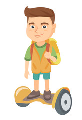 Joyful caucasian schoolboy riding on self-balancing electric scooter. Happy schoolboy with backpack riding on gyroscooter to school. Vector sketch cartoon illustration isolated on white background.