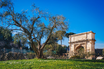 Fototapeta na wymiar Titus Arch on Via Sacra Roman Road in Rome, Italy