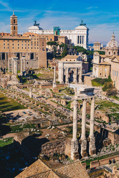 The Roman Forum (Foro Romano) and Roman ruins as seen from the Palatine Hill, Roma, Italy