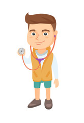 Happy caucasian little boy in doctor costume holding a stethoscope. Laughing boy wearing a doctor coat and showing a stethoscope. Vector sketch cartoon illustration isolated on white background.