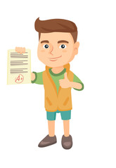 Happy caucasian pupil holding a sheet with the highest mark and giving thumb up. Cheerful smart pupil showing a paper with best mark. Vector sketch cartoon illustration isolated on white background.