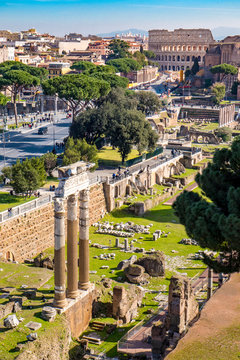 Rome from above. Aerial view of Rome Roman Forum and Colosseum