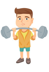Upset caucasian child lifting a heavy weight barbell. Little sad boy in sportswear training with barbell. Boy trying to lift a barbell. Vector sketch cartoon illustration isolated on white background.