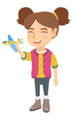 Caucasian cheerful girl playing with a toy airplane. Full length of happy smiling little girl with a toy plane. Vector sketch cartoon illustration isolated on white background.