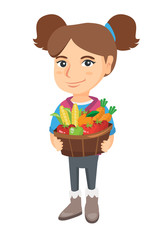 Caucasian smiling girl with the basket of fruit and vegetables. Full length of little girl holding the basket with fruit and vegetables. Vector sketch cartoon illustration isolated on white background