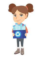 Little caucasian girl holding a recycling bin full of plastic bottles. Concept of plastic recycling and environment conservation. Vector sketch cartoon illustration isolated on white background.