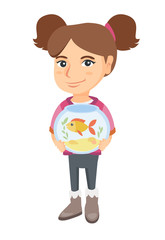 Caucasian girl holding aquarium with goldfish. Full length of smiling little girl holding bowl with pet fish. Vector sketch cartoon illustration isolated on white background.