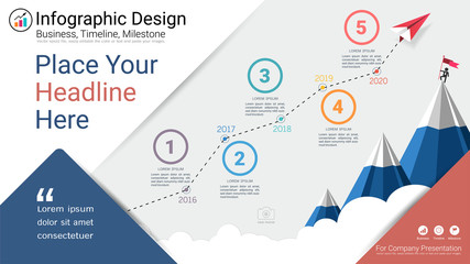 Business infographics template, Milestone timeline or Road map with Process flowchart 5 options, Strategic plan to define company values, Scheduling in project management to make facts and statistics.