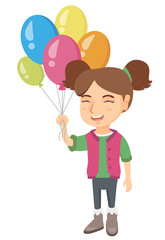 Caucasian smiling happy girl with the bunch of colorful air balloons in her hand. Cheerful girl holding the bunch of balloons. Vector sketch cartoon illustration isolated on white background.
