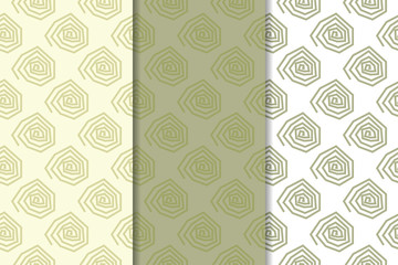 Olive green and white geometric set of seamless patterns