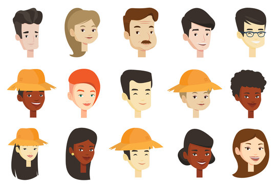 Portraits of young and adult men and women. Avatars of Caucasian white, African-american and Asian people in straw hats and eyeglasses. Set of vector cartoon illustrations isolated on white background
