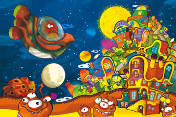 cartoon scene with some funny looking alien flying in alien machine - white background - illustration for children