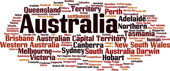 Obraz premium Cities in Australia word cloud