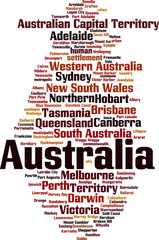Obraz premium Cities in Australia word cloud