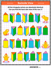 Educational math puzzle with triangular prisms: Find the back side view of the row 1. Answer included.
