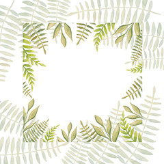 Beautiful abstract green leaves painted with watercolor make up a square decorative frame with white background