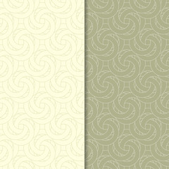 Olive green geometric ornaments. Set of seamless patterns
