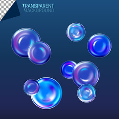 Vector illustration of shiny rainbow colors soap bubbles with sparkles reflection on dark background