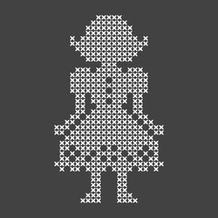 Cross Stitch Embroidery Pattern Girl in Dress Vector Design White on Dark Grey Background