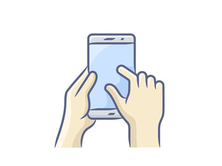 Hand holding smartphone, finger touching screen. Vector