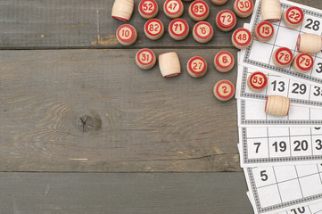 Board game lotto, balls with bingo numbers, bingo cards. 