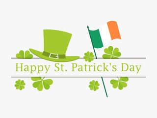 Happy St. Patrick's Day. Flag of Ireland, green clover leaves and leprechaun hat. Festive banner, greeting card. Typography design. Vector illustration