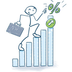 Strichmännchen steigt das Balkendiagramm mit Prozenten nach oben