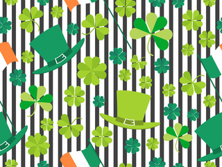 Patrick's Day, seamless pattern with green clover leaves, Irish flag and leprechaun hat on a striped background. For banner and greeting card. Typography design. Vector illustration