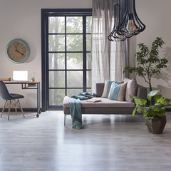 Modern living room interior style in the forest concept grey sofa detail home office style