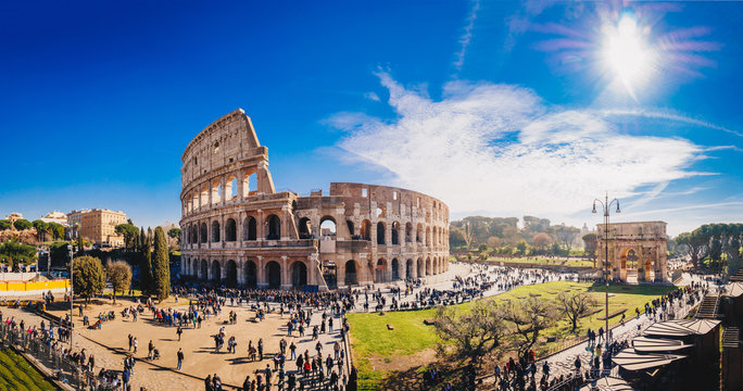 Fototapeta The Roman Colosseum (Coloseum) in Rome, Italy wide panoramic view