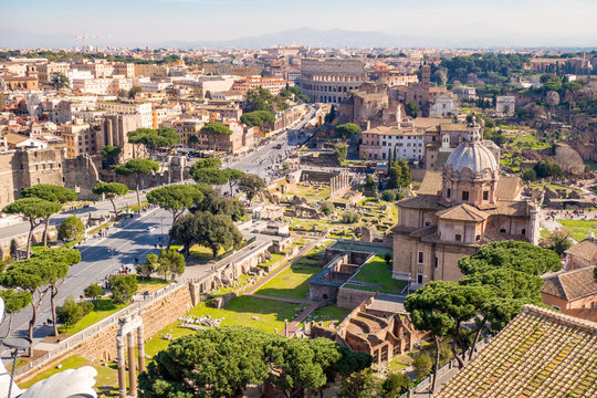 Aerial view of the Roman Forum and Colosseum in Rome, Italy
