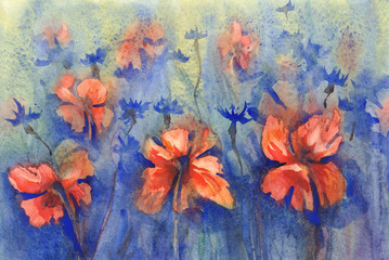 poppies and cornflowers watercolor background