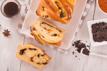 Brioche with chocolate chips. 