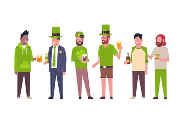 Group Of Mix Race Men In Green Clothes Drink Beer Celebrating Happy St. Patricks Day Isolated On White Background Flat Vector Illustration