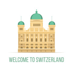 Welcome to Switzerland - vector color illustration Federal Palace icon, travel attraction, flat style design element