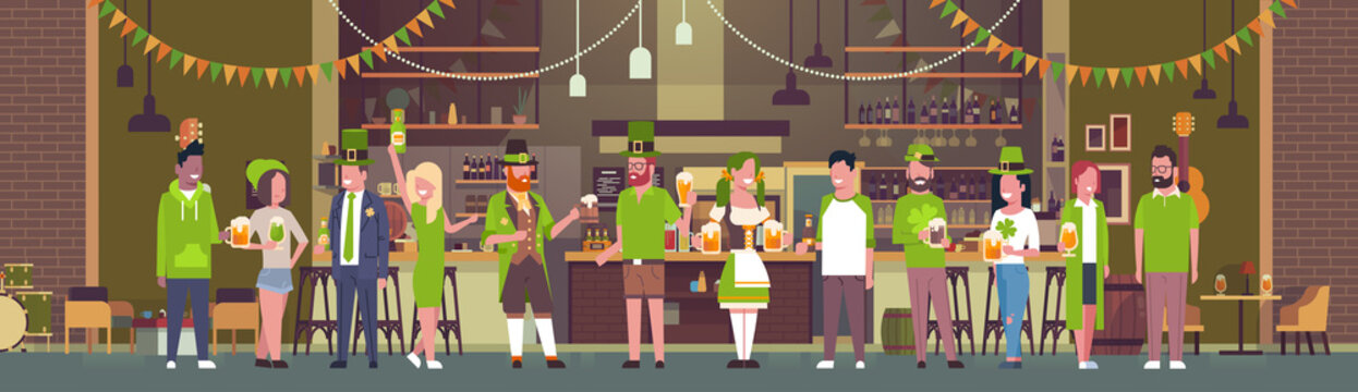 Group Of People Celebrate St. Patricks Day Holiday In Traditional Decorated Irish Pub Drinking Beer Horizontal Banner Flat Vector Illustration