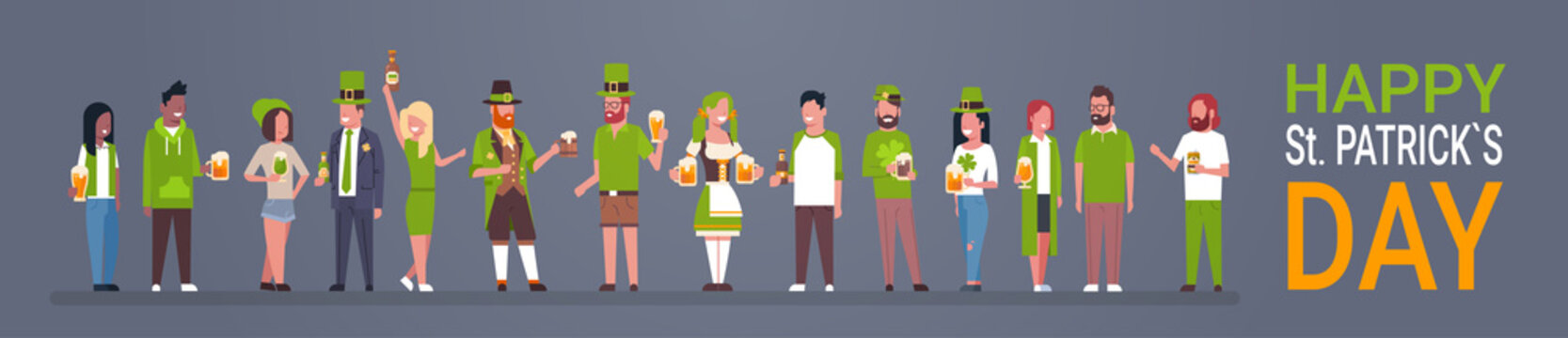 Happy St. Patricks Day Horizontal Poster With People Wearing Traditional Clothes And Holding Beer Glasses And Mugs Flat Vector Illustration
