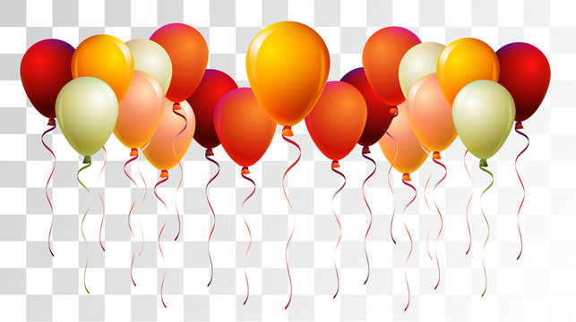 Helium Balloons Realistic Vector Colored Collection. Music Festival, Birthday Party Celebration, Carnival, Poster Decoration. Fun Realistic Helium Balloons Bunch Set Design on a Transparent Background