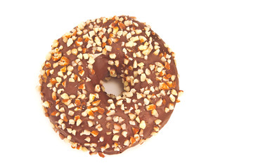Donut with chocolate and chopped almonds isolated on white