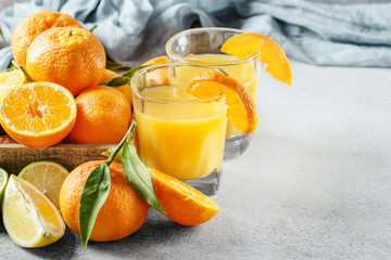 Fresh citruses. Mandarin, lime, tangerine, lemon and juice