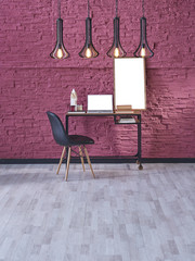 claret red working interior style with computer chair and lamp