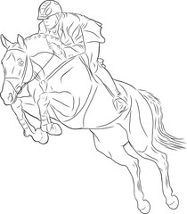 A sketch of a man on a horse is jumping over an obstacle.