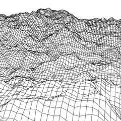 Wireframe terrain vector background. Cyberspace landscape grid technology illustration