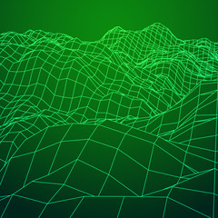 Wireframe terrain vector background. Cyberspace landscape grid technology illustration