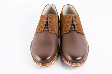 Male brown leather shoe on white background, isolated product, comfortable footwear.