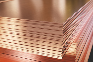 Many copper sheets, warehouse copper plates. 3d illustration.

