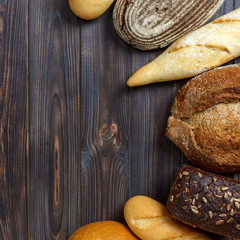 Bakery background, bread assortment. Top view with copy space