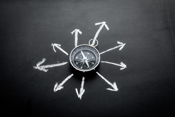 Direction of movement, travel direction. Compass among the arrows on black background top view copy...